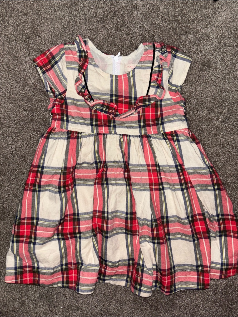 Girls Pink Chicken Red and Cream Plaid Ruffle-Trim Raphela Holiday Tartan Dress